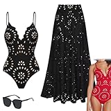 Vibecurve - Costume da bagno intero con gonna, motivo floreale traforato, con copricostume, bikini da bagno con gonna abbinata, Nero , L