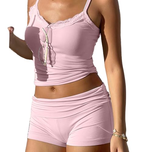Winioder Women Y2K Floral Pajama Set Sleeveless Cami Crop Tops and Bodycon Shorts Set Teen Girls Cute Aesthetic Pajamas Set