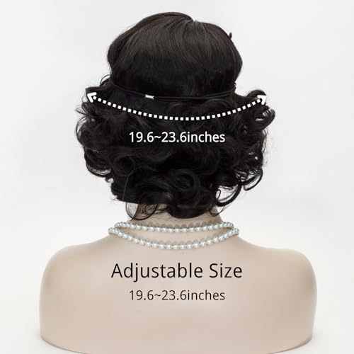 Image of 1920s Finger Wave Wig Women Black 30s Vintage Flapper Wig Lady Rockabilly Short Curly Wig Halloween Party Cosplay Costume Synthetic Hair + Cap