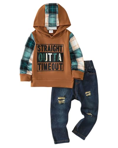 Image of Toddler Boy Clothes Baby Boy Outfit Letter Prints Hoodies Top Ripped Jeans Cute Boys Clothing Set Fall Winter
