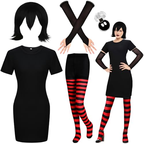 Kuscul Black Dress with Wig Thigh-high Socks Black Gloves White Witch Fangs for Women Halloween Fancy Dress Up Supplies (L)