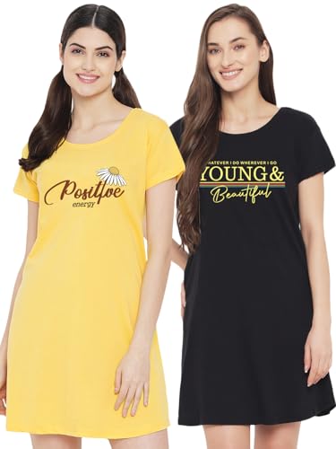 Image of Fflirtygo Women's Cotton Nighty | Printed Knee Length Nighty | Short Sleeve Nighty | Short Nightdress | Long T-Shirt | Regular Fit Night Gown | Nightwear | Sleepwear & Casual Wear Nighty