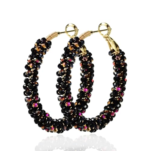 Handmade Beaded Hoop Earrings Bohemia Circle Earrings 2mm Color Plating Faceted Glass Beads Colorful Crystal Beaded,party Wedding Women Jewelry Gift