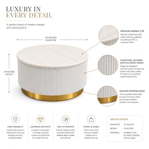 Image of Premium Luxury Marble-Top Wooden Center Table with Louvers & Acrylic Wooden Base | Premium Coffee Table for Living Room & Office (White)