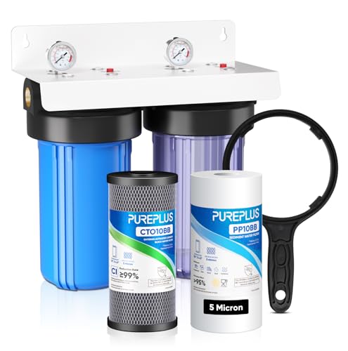 PUREPLUS 5 Micron 2-Stage Whole House Water Filter System for Municipal Water, 10"x4.5" Universal Clear Housing with Pressure Gauges, 1" NPT – NSF/ANSI 42 Certified Filters, Chlorine & Odor Removal