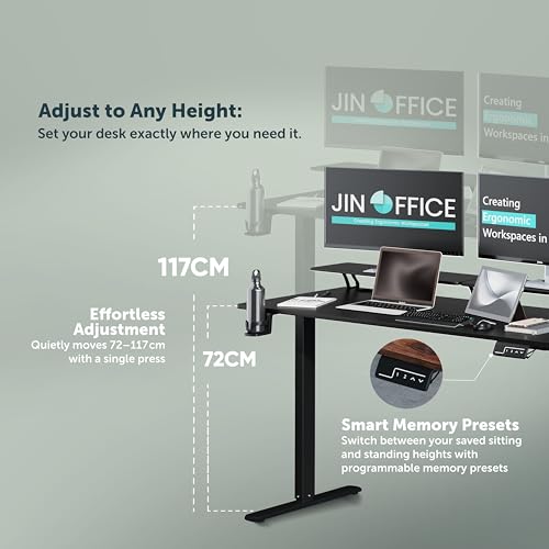 Image of JIN OFFICE Ascend Electric Height Adjustable Desk with Monitor Riser| Standing Desk with Cup Holder | 3 Year Warranty,80 KG Wt. Cap, Memory Presets| Sit Stand Ergonomic Desk 1400 * 600mm Black Top