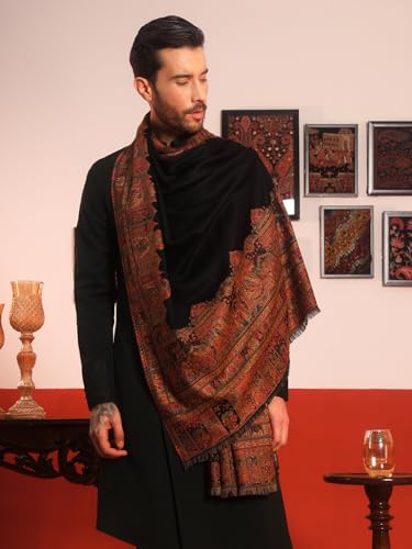 Image of Pashmoda Men Arcadia Borders Jamawar Shawl, Stole and Wrap, Sustainable and Natural Fabric, Heritage Kashmiri Pashmina, Medium Size for Gents, (Size 40x80 Inches)