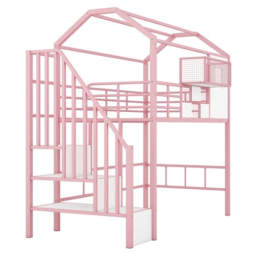 Twin House Loft Bed with Slide and Stairs, Metal Playhouse Bed with Storage Shelve for Kids, Metal Twin Loft House Bed with Storage, Pink