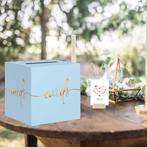 Image of 2 Pack Light Blue Card Box with Gold Foil Design, Paperboard 8.7 inch Card Box for Birthday Wedding Party Graduation Retirement Anniversary Valentine's Day & Baby Showers, Raffle or Money Box