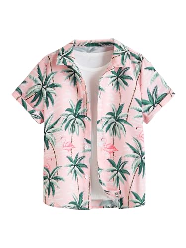 Verdusa Boy's Tropical Hawaii Floral Button Up Shirts Short Sleeve Collared Vacation Tops