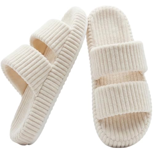 bmhulna House Slippers for Woman Memory Foam House Shoes Women Corduroy Dual-Strap Orthopedic Minimalist Slide Sandals for Hospital Delivery Bedroom Indoor Outdoor Gifts Beige White Size 8