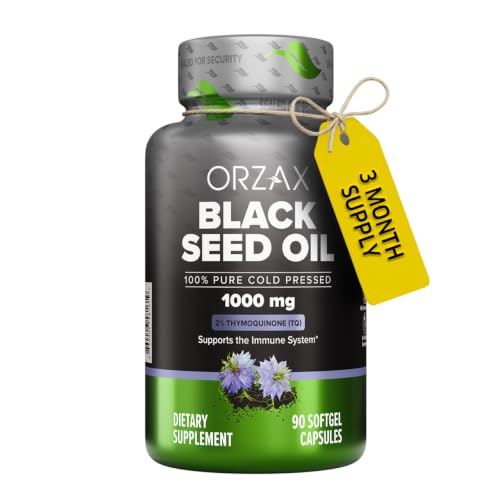 ORZAX Black Seed Oil Capsules 90 Days Supply 2% Thymoquinone Non-GMO Gluten Free Cold Pressed Black Cumin Pills Nigella Sativa Supports Immune System Joints Hair Growth Skin