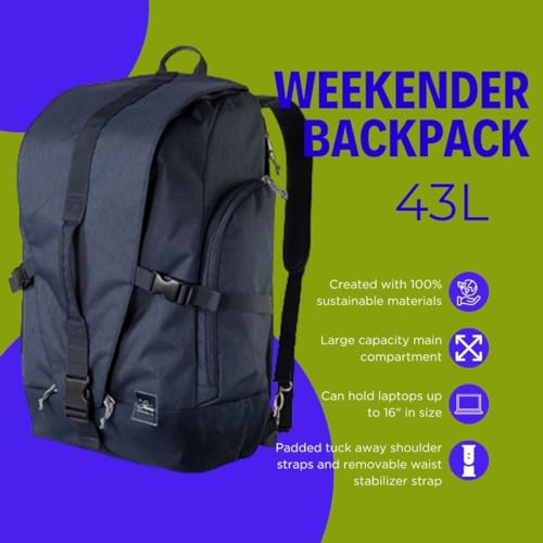 Skyway Luggage Rainier Weekender Backpack, Eco-Friendly, Made of 100% rPET Travel Laptop Bag for Women & Men, Flight Approved Carry On Bag, 43L, Tahoe Blue3