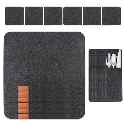 Beylce Placemats and Coasters Set of 6, Table Mats, Washable, Felt Set with 6 Placemats, 6 Glass Coasters, 6 Cutlery Pockets (Dark Grey, Rectangular)