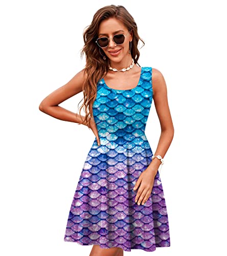 Image of uideazone Women Funny Print Sleeveless U Neck A Line Casual Midi Dress | Soft Stretchy Breathable Fabric Flared Swing Sundress Fitted Waist for Daily Wear 80 /90s Themed Party Beach Vacation Trips