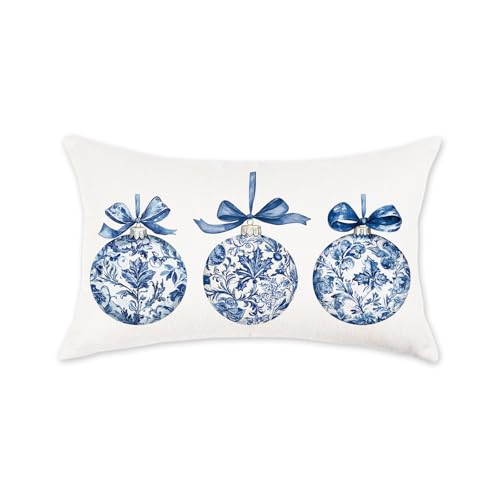 TAJWE Christmas Pillow Cover 12x20 Inch Chinoiserie Blue Bow Christmas Ornaments Pillowcase Farmhouse Vintage Decorative Xmas Winter Holiday Lumbar Cushion Case for Sofa Couch Home Decor