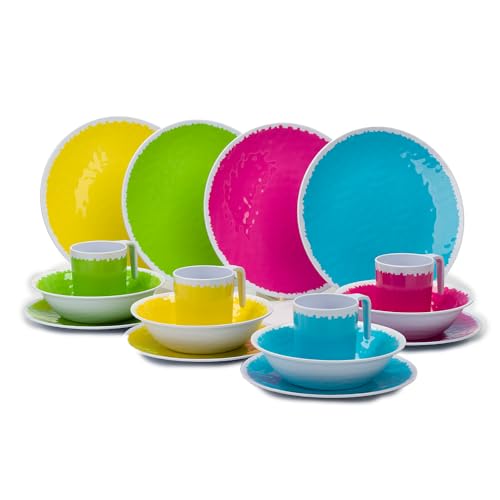 FLAMEFIELD Hello Summer - Juego de 16 piezas de melamina, vajilla de colores brillantes de temporada, platos, cuencos y tazas duraderos para una cena alegre, perfecto para comidas soleadas al aire