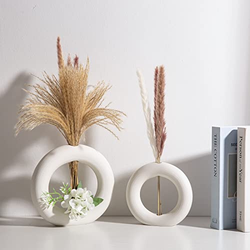Jspyfits White Circle Ceramic Vase Set Of 2, Circle Vase Farmhouse Nordic Minimalism Style Hollow Flower Vase For Pampas Grass Dried Flowers, Handmade Modern Round Vase Decorations 6.5"/8.3" Tall #TOP20