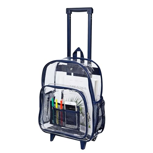 COVAX Rolling Clear Backpack, Heavy Duty See Through Bookbag, Transparent PVC Cold-resistant Backpack with Wheels (Navy)