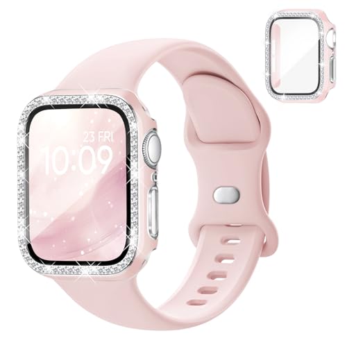 Silicone Band and Case Compatible with Apple Watch Bands for Women 40mm 44mm 41mm 45mm 42mm 46mm Sport Strap with Bling Diamond Screen Protector Cover for iWatch Series 11/SE3/10/9/8/7/6/5/4
