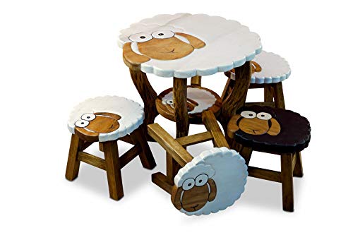 Juego de asientos infantiles con diseño de ovejas, juego de 5 piezas para la habitación de los niños, mesa y taburete con diseño de oveja, madera maciza