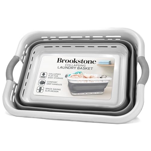 BROOKSTONE, 11 GALLONS - [OUR LARGEST BASKET] 24' Collapsible Laundry Basket, Comfort Non-Slip Grip Handles, Minimalist Space Saving Design, Portable Pop-Up Hamper, [BPA FREE], Retail, Light Grey