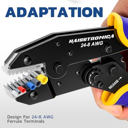Image of haisstronica Crimping Tool for Ferrule, AWG 24-8 Wire End Sleeves | Ratchet, Plated Compression Surface, Color Size Marks, Adjustable Pressure, Smooth Handle Release, Control Panel Wiring