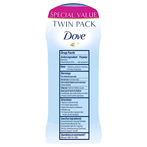 Image of Dove Antiperspirant Deodorant, Powder, Twin Pack (4 Count of 2.6 Ounce Each), 10.4 Ounce