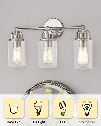 FEMILA Wall Vanity Light Fixture, 3-Light Vintage Bathroom Lighting Over Mirror, Brushed Nickel Finish with Clear Glass Shade, 4FH06-3W BN