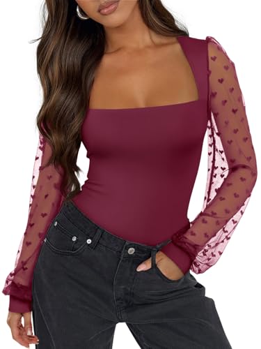 Image of PINKMSTYLE Women's Square Neck Double Lined Mesh Long Sleeve Bodysuits