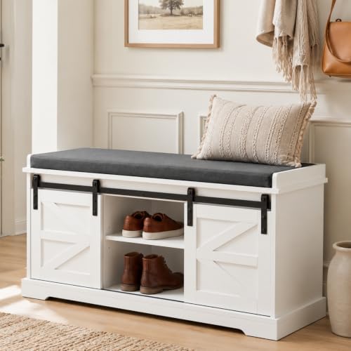 Loomie Shoe Storage Bench, 2-Tier Farmhouse Entryway Bench with Sliding Barn Door Storage Cabinets & Full Soft Removable Seat Cushion, Silm Shoe Rack with Shoe Cabinet for Entryway, Hallway, Bedroom