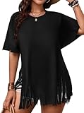 Remidoo Womens Fringe Top Oversized T Shirt Round Neck Short Sleeve Tee Shirts Black Large