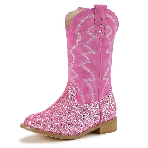 PANDANINJIA Girls Cowgirl Boots Mid Calf Sequin Cowboy Boots Toddler Little Big Kids Round Toe Western Riding Horse Shoes Booties
