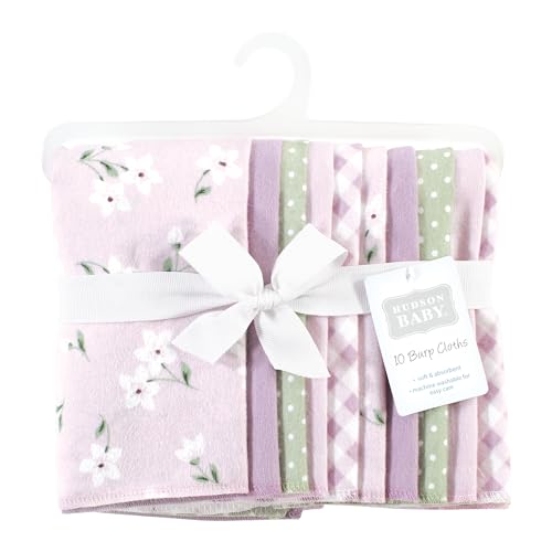 Image of Hudson Baby Unisex Baby Cotton Poly Flannel Burp Cloths, Purple Dainty Floral 10 Pack, One Size