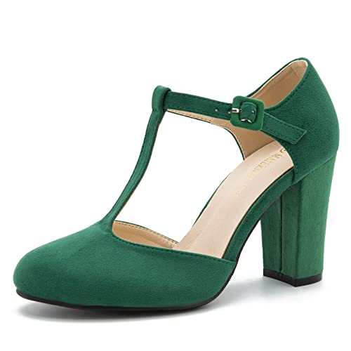 Womens T-Strap Mary Jane Pumps Chunky Heel Vintage Style Cut Out 3.54 Inch Round Toe Dress Shoes Suede Green US 9