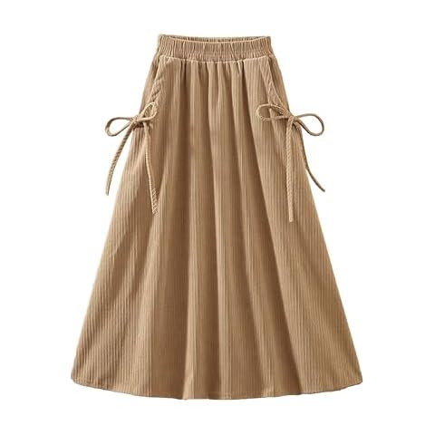 Womens Fall/Winter Midi A-Line Imitation Corduroy Skirt Pleated Elastic Waist Ruffle Bow Tie Skirt(Khaki-S) Cover