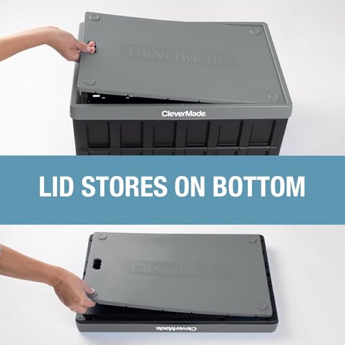 Image of CleverMade Collapsible Storage Bins with Lids, 62L, 3 Pack, Ocean | Large-capacity bins support 100 lb and stack securely. The lid stores underneath, and each crate folds to 2.5 inches.