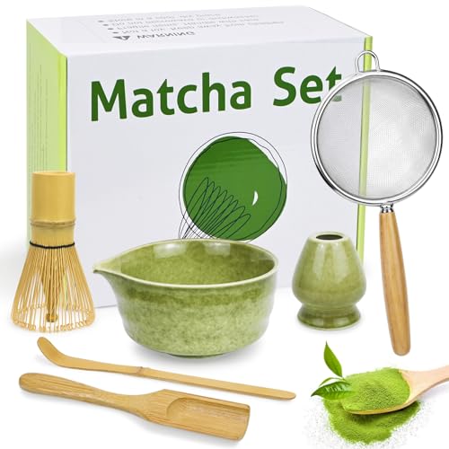 Matcha Kit, 6 Piezas Kit Té Matcha con Batidor de Bambú, Cuenco de Cerámica, Cuchara, Colador y Soporte, Ideal para Preparar Matcha, Lattes y Ceremonias del Té, Regalo para Amantes del Té Matcha