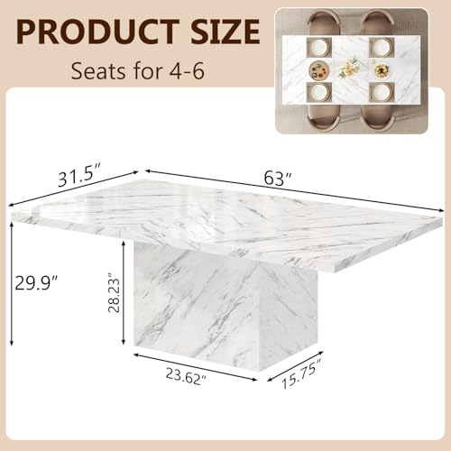 Image of HSH 63 inch White Faux Marble Dining Table for 6, Rectanguler Dining Room Table