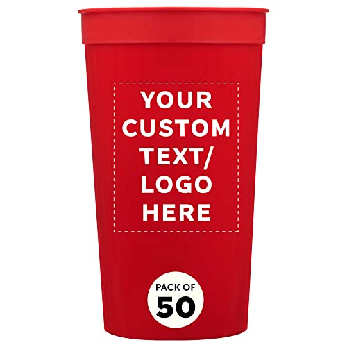 Custom Plastic Stadium Cups 32 oz. Set of 50, Personalized Bulk Pack - Perfect for Summer, Sporting Events, Birthdays, Picnic, Beach, Parties - Red