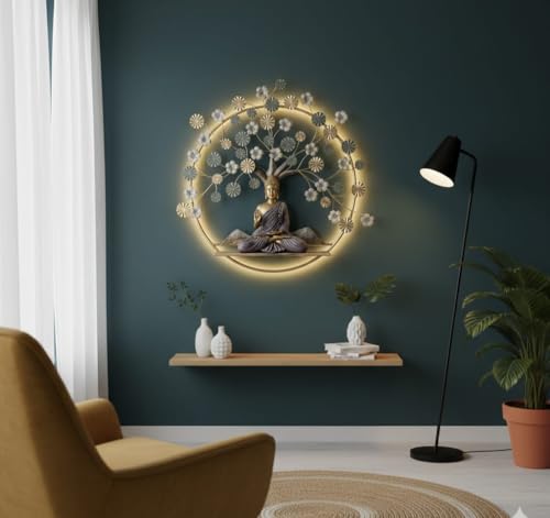 Image of buddha Metal Tree of Life with Meditating Buddha Wall Art with LED Backlight - 32x32 Inches, Golden & Bronze Finish, Perfect for Living Room, Office & Gifting