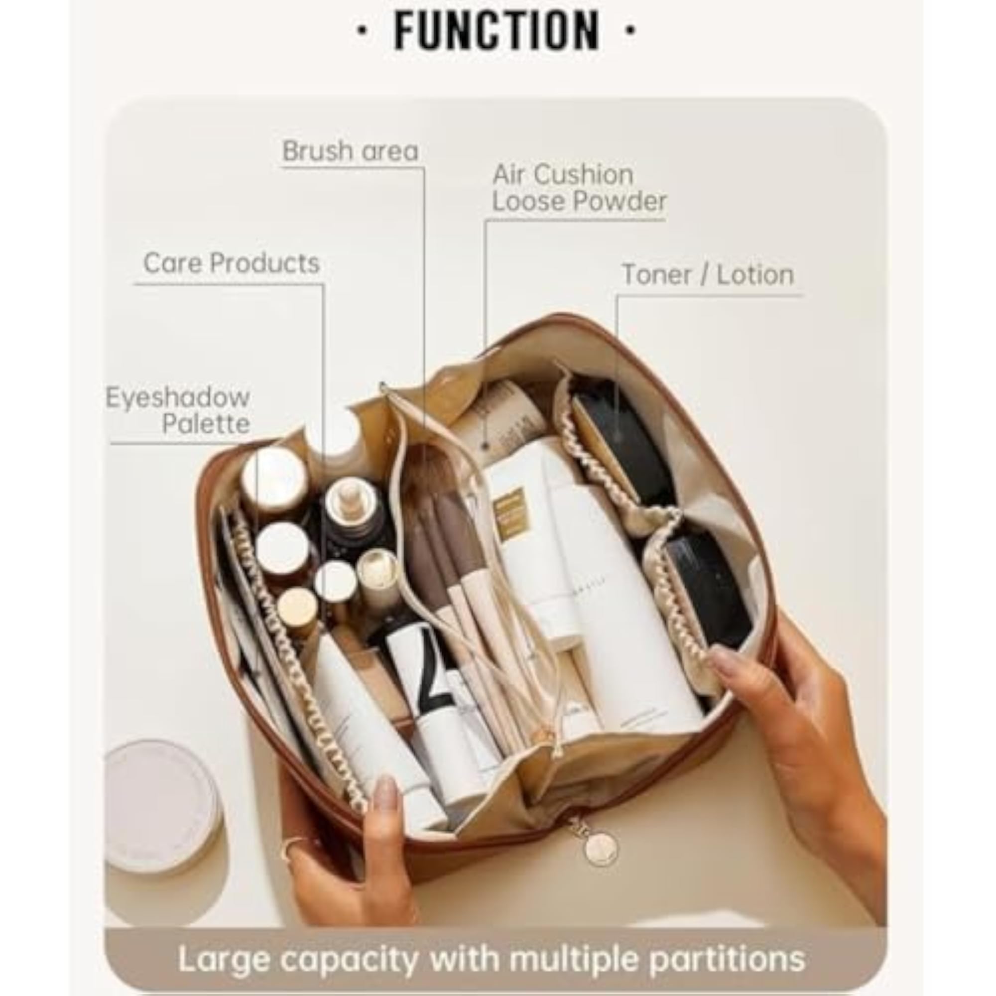 Large Capacity Travel Cosmetic Bag, Brown PU Leather Makeup Pouch