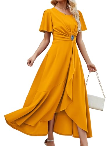 Image of QMZ Wedding Guest Dresses for Women V Neck Cocktail Dress Ruffle Sleeve A Line Evening Party Formal Dresses for Women