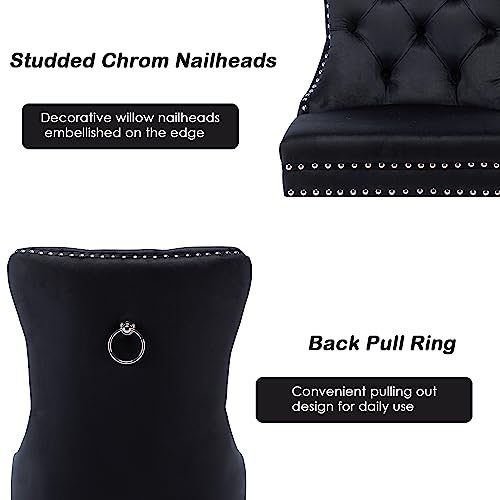 Kcc Velvet Dining Chairs Set Of 2 (Renewed), Upholstered High-End Tufted Dining Room Chair With Nailhead Back Ring Pull Trim Solid Wood Legs, Nikki Collection Modern Style For Kitchen, Black #TOP4