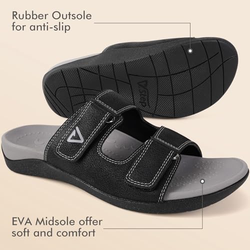 V.Step Orthopedic Slides with Arch Support for Women Men, Adjustable Orthotic Sandals for Plantar Fasciitis Pain Relief Indoor Outdoor Black W9/M84