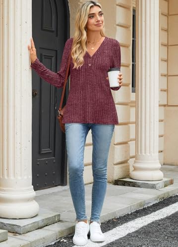 TAOHUADAO Damen Pullover Herbst V-Ausschnitt Sweatshirt Winter Strickpullover M, Weinrot