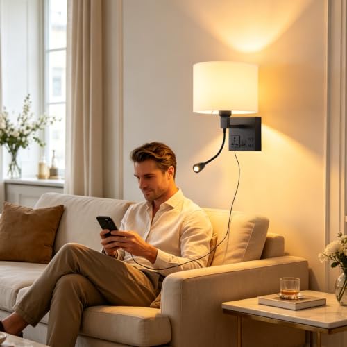 Image of Plug in Wall Sconces with Reading Light, Wall Lamp Bulb Included | Wall Lights for Bedroom Living Room, Headboard with 3 Color Temperature, Bedside Lamp with AC Outlet & USBA+C Charging Port