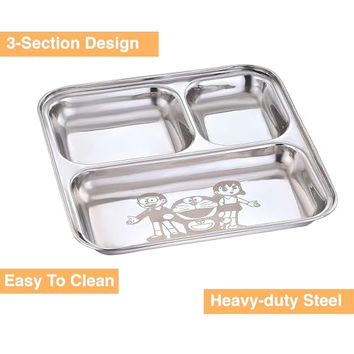 Image of Expresso - Heavy Duty Stainless Steel Square Small Dinner Plate with 3 Sections Divided Mess Trays for Kids Lunch, Camping, Events & Every Day Use Kitchenware, Cartoon Design