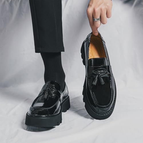 Men's Soft Leather Platform Chunky Heel Slip On Penny Loafers Fashion Tassel Business Casual Formal Work Shoes Non Slip Lug Sole Black Patent Leather Loafers2