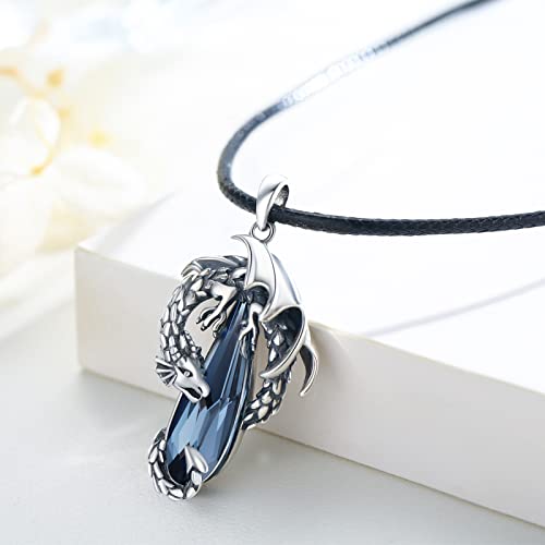 Echooy Dragon Necklace For Men 925 Sterling Silver Blue Crystal Dragon Pendant Necklace For Women Boyfriend Boys Vintage Wiccan Necklace Dragon Jewelry Gift Adjustable 20 In Chain #TOP1
